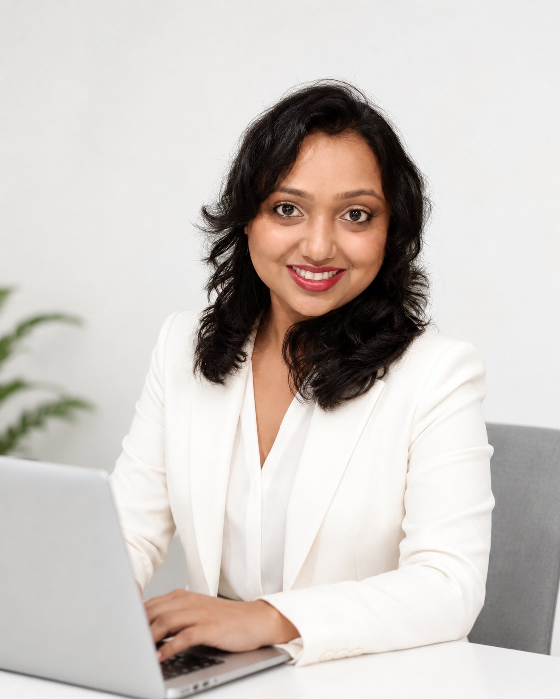 Manjita Osta, seated at a laptop in a white suit, smiling at the camera